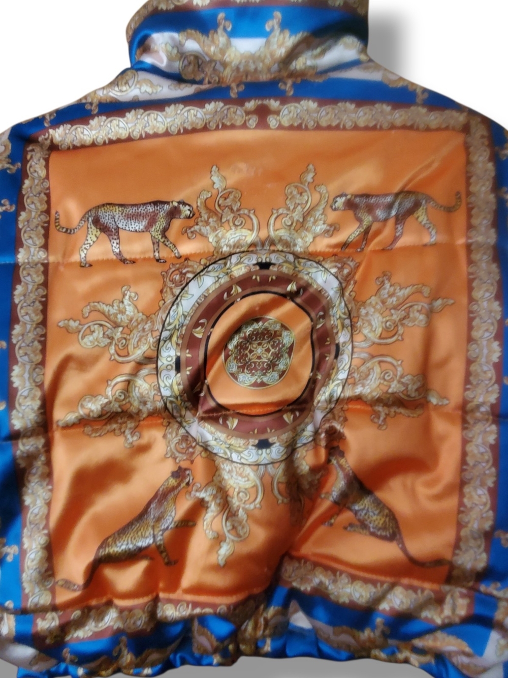 N°1 Los Angeles Cropped Puffer Jacket Cheetah Leopard Baroque Print Orange Blue - Picture 4 of 12